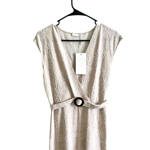 Zara Rustic Midi Dress Ecru Beige | V-Neck Wrap | Belted Floral Jacquard Size M - Picture 6 of 13